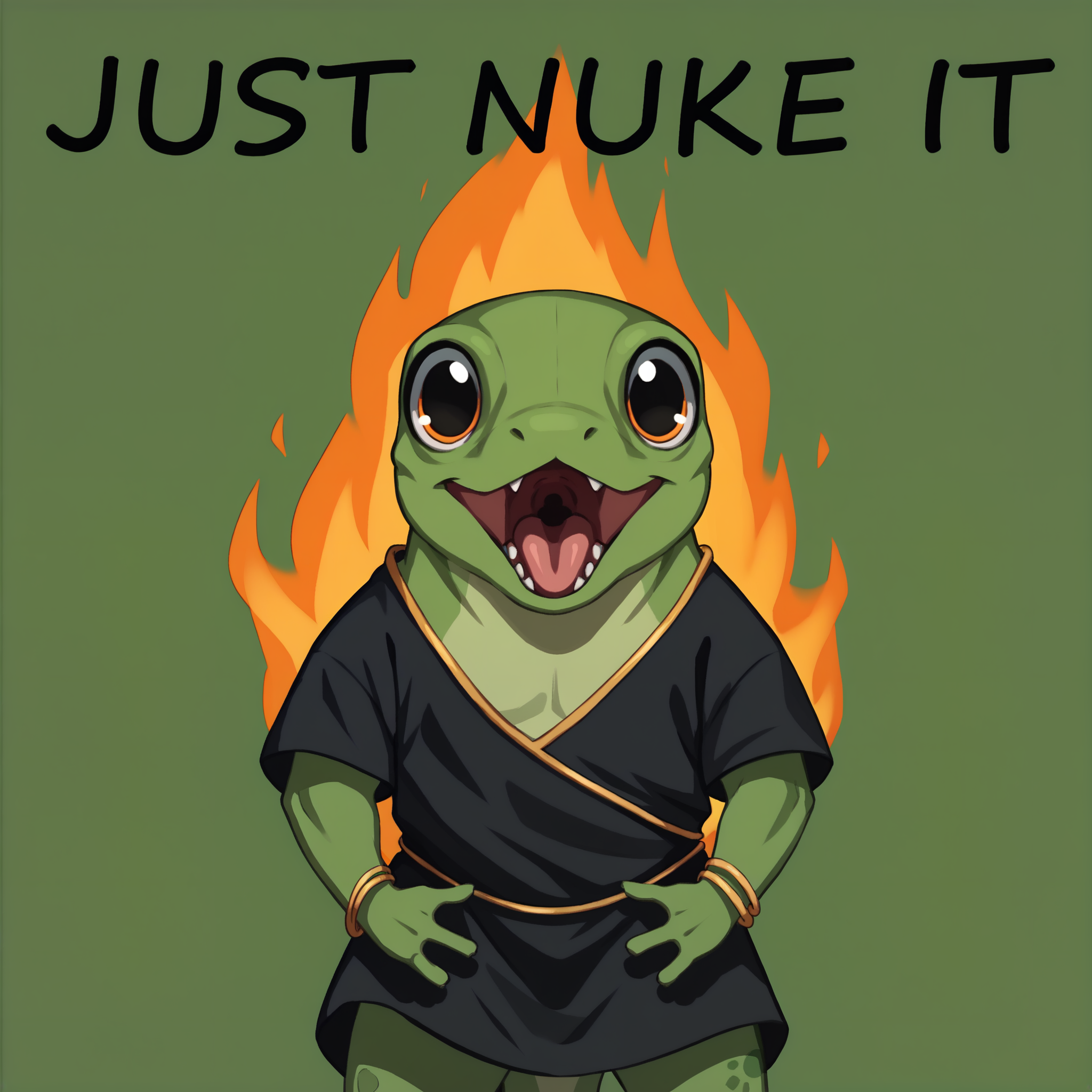 score_9, score_8_up, score_7_up, source_furry, solo, <lora:prikkiki-ti:0.6>, prikkikiti, green skin, nostrils, lizard tail, black kimono, loose clothes, reptile, bracelet, open mouth, big eyes, <lora:JustDoIt_XLPD:1>, JustDoItMeme, open mouth, looking at viewer, fire, blazing, simple background, english text