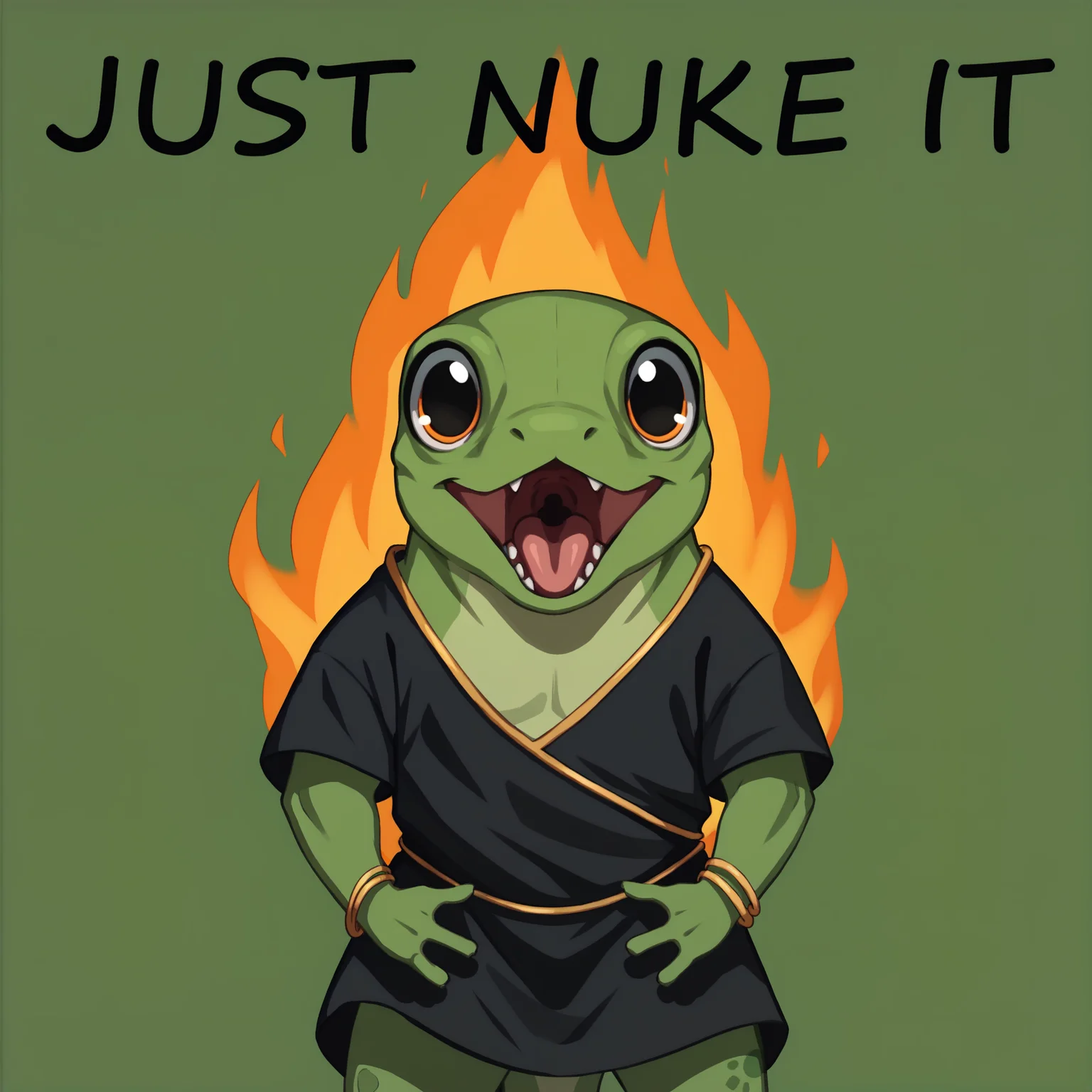 score_9, score_8_up, score_7_up, source_furry, solo, <lora:prikkiki-ti:0.6>, prikkikiti, green skin, nostrils, lizard tail, black kimono, loose clothes, reptile, bracelet, open mouth, big eyes, <lora:JustDoIt_XLPD:1>, JustDoItMeme, open mouth, looking at viewer, fire, blazing, simple background, english text
