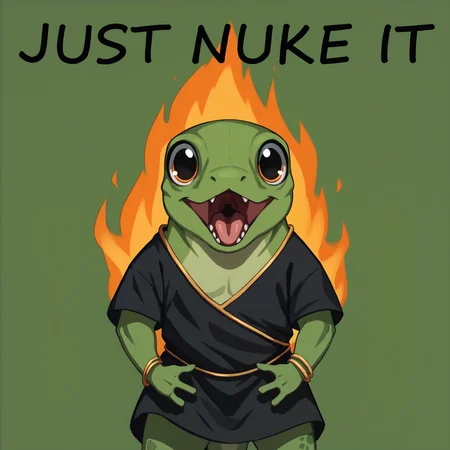 score_9, score_8_up, score_7_up, source_furry, solo, <lora:prikkiki-ti:0.6>, prikkikiti, green skin, nostrils, lizard tail, black kimono, loose clothes, reptile, bracelet, open mouth, big eyes, <lora:JustDoIt_XLPD:1>, JustDoItMeme, open mouth, looking at viewer, fire, blazing, simple background, english text