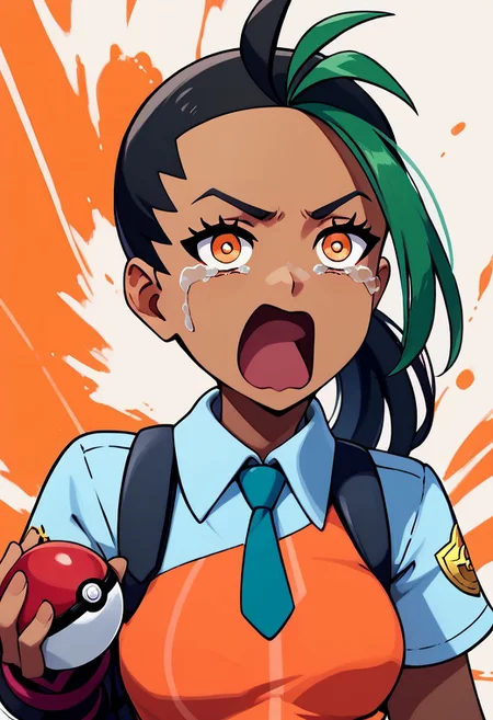score_9, score_8_up, score_8, medium breasts, (curvy), cute, eyelashes,     
rating safe, 
BREAK,
aquascreaming, screaming, open mouth, crying with eyes open, 
holding pokeball, 
Nemona \(Pokemon\), black hair, green hair, orange eyes, dark skin, multicolored hair, two-tone hair, hair pulled back, collared shirt, single fingerless glove, orange shorts, backpack, 
upper body, 
BREAK,
abstract background,  
zPDXL,