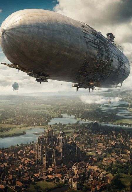 Sci_fi realistic photo of large giant Zeppelin with floating city attachet to ,the land iunder is fields and lakes, steampunk, complete city being carried by Zeppelin