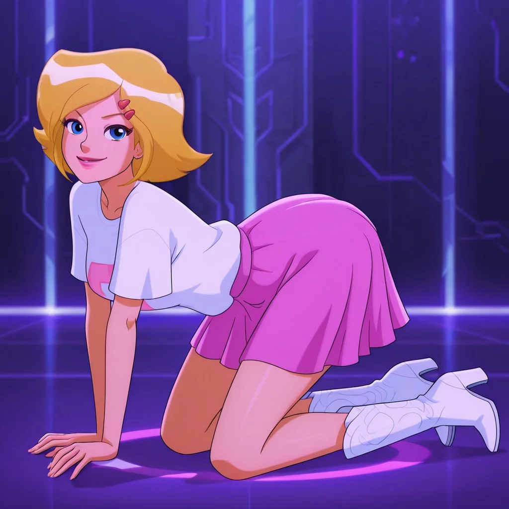 masterpiece, best quality, good quality, 1girl, solo, cartoon, totally_spies_2k24, cl0ver, blonde hair, blue eyes, white t-shirt, pix3l print, pink skirt, hairclip, white boots, sexy, large breasts, beautiful, detailed, high detailed, very beautiful, detailed face, detailed eyes, detailed hand, fingernails, abstract background, neon, smile, posing, pose, looking at viewer