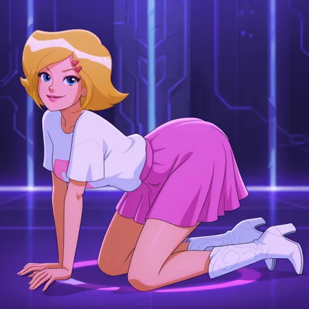 masterpiece, best quality, good quality, 1girl, solo, cartoon, totally_spies_2k24, cl0ver, blonde hair, blue eyes, white t-shirt, pix3l print, pink skirt, hairclip, white boots, sexy, large breasts, beautiful, detailed, high detailed, very beautiful, detailed face, detailed eyes, detailed hand, fingernails, abstract background, neon, smile, posing, pose, looking at viewer