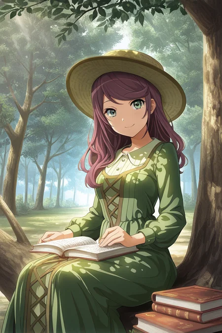 masterpiece, best quality, amazing quality,
<lora:Junna_IL:1> junna, 1girl, tree, hat, dress, green eyes, solo, long hair, green dress, book, smile, outdoors, sitting, looking at viewer, holding, sunlight