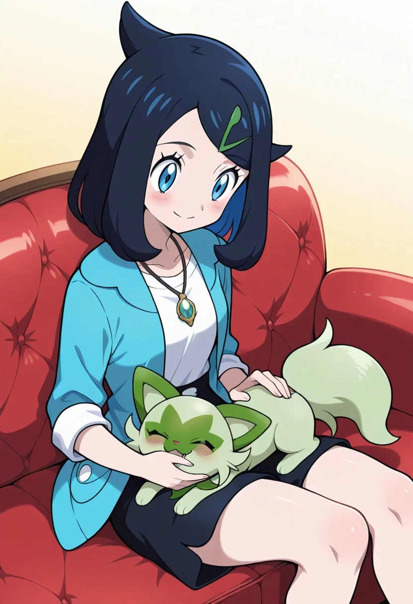 masterpiece, best quality, amazing quality,, <lora:hex- <lora:lap-pillow-illustriousxl-lora-nochekaiser:1>, lap pillow, sitting, lying, on back, looking at another, sleeping, hand on another's head, blush, smile, knees, on couch,
1girl and pokemon,Sprigatito,
BREAK pokemon, official style,
aaliko(pokemon), medium hair, black hair, colored inner hair, hairclip, blue eyes, collarbone, necklace, white shirt, blue jacket, open jacket, sleeves rolled up, high-waist shorts, black shorts