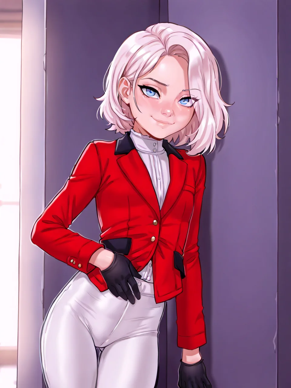 (masterpiece,best quality,newest,absurdres,highres), LilValentina, short hair, blue eyes, white pants, black gloves, white shirt, red jacket, indoor, leaning on wall, smile, looking at viewer <lora:Valentina_IllustriousXL_noobaiXLNAIXL-000009:0.8>