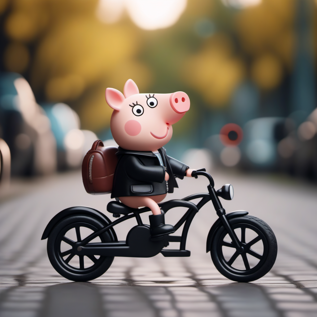 cinematic photo a cartoon pig riding a bicycle, black leather jacket, boots <lora:Peppa1024:0.8> . 35mm photograph, film, bokeh, professional, 4k, highly detailed