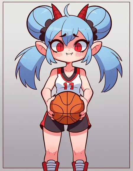 zPDXL, score_9, score_8_up, score_7_up, source_anime, 1girl, solo,
<lora:diives_v2-20:1> diives, (portrait),, <lora:Nullantwins:0.8> Zhuu, blue hair, red eyes, pointy ears, fangs, large fangs, red horns, demon tail, small breasts, (double bun, twintails),, nervous, twisted_torso, basketball player wearing a black team uniform jersey, basketball shorts, high-top sneakers, holding a basketball, knee brace