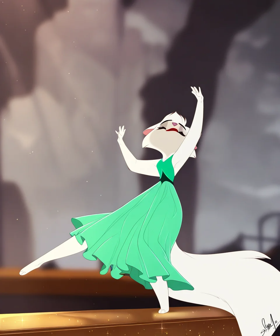 solo, sawyer, female, green dress, lipstick, eyes closed, head back, raised hands, on one leg, leaning back, dancing, grey sky, by hazakyaracely,by smileeeeeee, <lora:SawyerXL_01-Noob-nd64-lr2-ep24:1>