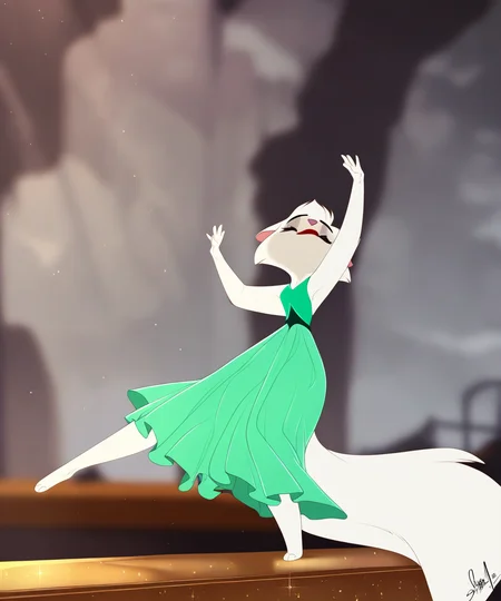 solo, sawyer, female, green dress, lipstick, eyes closed, head back, raised hands, on one leg, leaning back, dancing, grey sky, by hazakyaracely,by smileeeeeee, <lora:SawyerXL_01-Noob-nd64-lr2-ep24:1>