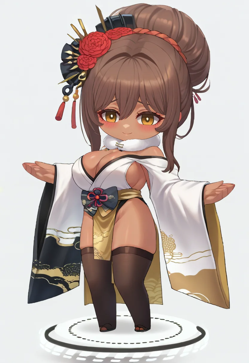 source_9,source_8_up,source_7_up,1girl,jelonoirbkrt,solo,chibi,standing,full body,brown hair,yellow eyes,dark-skinned female,asymmetrical clothes,japanese clothes,hair bun,hair flower,hair ornament,hairpin,fur collar,off shoulder,cleavage,wide sleeves,pelvic curtain,thighhighs,smile,blush,<lora:Noir-JeloXL-000007:1>,<lora:chibi-nikke-richy-v1_pdxl:1>,