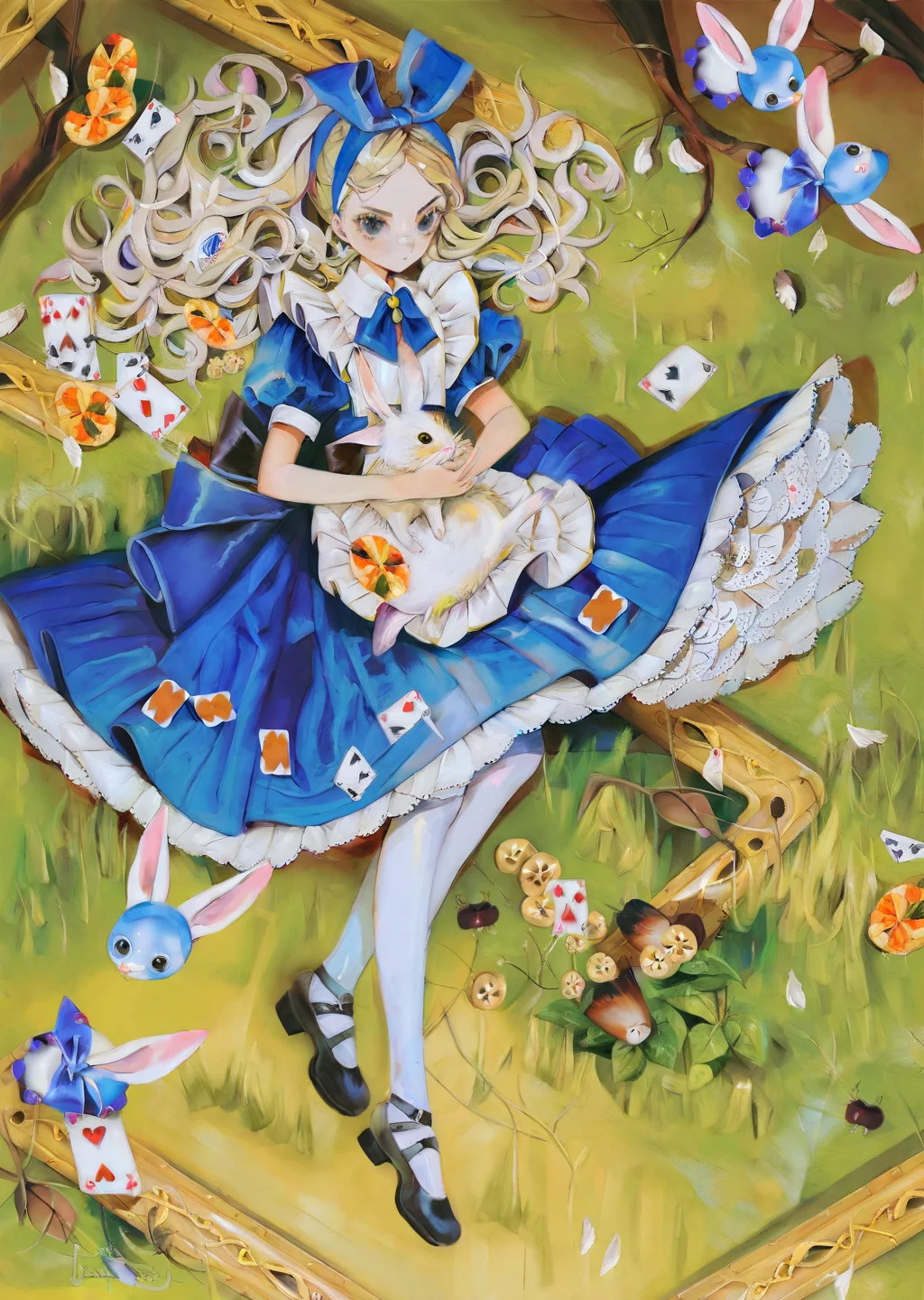by yogisya,
alice \(alice in wonderland\), a blue knee-length dress with short puffy sleeves, worn with a white pinafore apron. long blonde
chasing a rabbit wearing tuxedo
best quality, masterpiece,