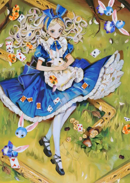 by yogisya,
alice \(alice in wonderland\), a blue knee-length dress with short puffy sleeves, worn with a white pinafore apron. long blonde
chasing a rabbit wearing tuxedo
best quality, masterpiece,