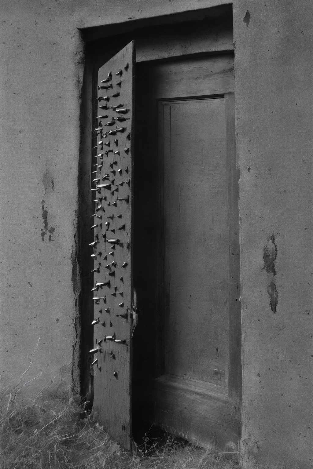 <lora:Photographer Elena Helfrecht Style:1>Photographer Elena Helfrecht Style - a black and white photo of a door with nails sticking out of it
