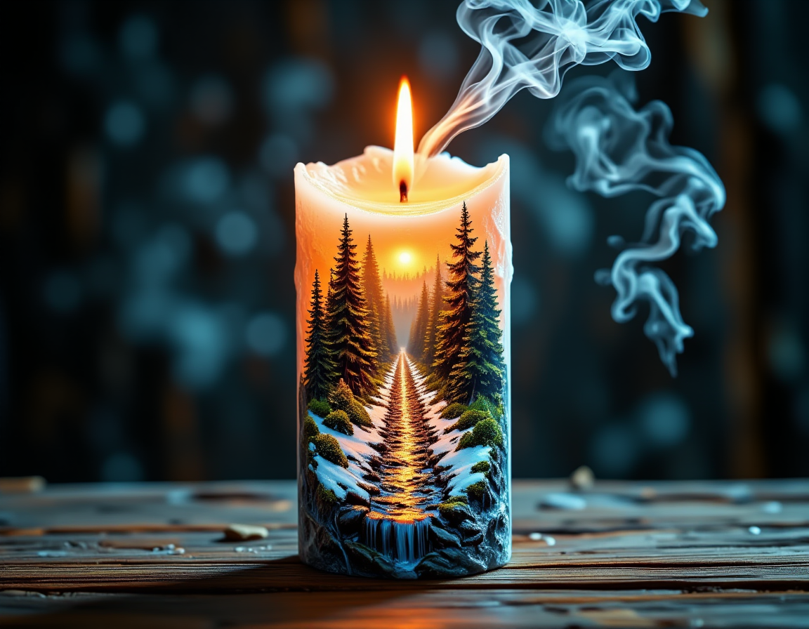 Mysticspatterns,
**Overall Impression**
The image presents a fantastical candle design, encapsulating a vivid scene of a snowy forest landscape being consumed by fire. The candle flame serves as the focal point, with the internal landscape providing a surreal and dramatic visual experience.
**Detailed Analysis**
*   **Composition:**
    *   The composition is vertically oriented, emphasizing the height of the candle and the internal landscape.
    *   The candle itself acts as a frame, containing the dynamic scene within.
    *   The flame is positioned near the top, drawing the eye upward and providing a natural focal point.
    *   The internal landscape is arranged to create depth, with elements receding into the background.
*   **Lighting:**
    *   The primary light source is the candle flame, casting a warm, orange glow.
    *   The fire within the landscape provides additional warm light, contrasting with the cool tones of the snow and ice.
    *   Subtle highlights and shadows are present on the snow-covered trees and rocks, adding dimension and realism.
    *   The smoke adds to the lighting effects, creating a soft, diffused glow around the flame.
*   **Colors:**
    *   The color palette is a mix of warm and cool tones.
    *   Warm colors (orange, yellow, red) are dominant in the flame and fire, creating a sense of heat and intensity.
    *   Cool colors (blue, white, gray) are used for the snow, ice, and smoke, providing contrast and a sense of coldness.
    *   The color gradient transitions from warm at the top to cool at the bottom, enhancing the depth and visual interest.
*   **Subjects:**
    *   The main subjects are the candle, the flame, the smoke, the snowy forest landscape, and the fire.
    *   The candle is depicted as a clear or translucent container, allowing the internal scene to be visible.
    *   The flame is rendered with realistic detail, showing the flickering and dynamic nature of fire.
    *   The smoke is wispy and ethereal, adding a sense of mystery and movement.
    *   The forest landscape includes snow-covered trees, rocks, and a stream or river, creating a detailed and immersive environment.
    *   The fire is depicted as consuming the landscape, with flames engulfing trees and creating a sense of destruction.
*   **Perspective:**
    *   The perspective is somewhat distorted, as the internal landscape is contained within the candle.
    *   A sense of depth is created through the arrangement of elements and the use of color and lighting.
    *   The perspective is slightly elevated, allowing the viewer to see more of the landscape.
*   **Overall Mood:**
    *   The overall mood is dramatic and surreal, combining elements of beauty and destruction.
    *   The warm light of the flame and fire contrasts with the coldness of the snow and ice, creating a sense of tension.
    *   The image evokes feelings of wonder, mystery, and perhaps a hint of melancholy.
**AI Recreation Notes**
To recreate this image using AI, consider the following:
*   Use a prompt that specifies a candle containing a snowy forest landscape being consumed by fire.
*   Specify the color palette, emphasizing the contrast between warm and cool tones.
*   Include details about the lighting.
