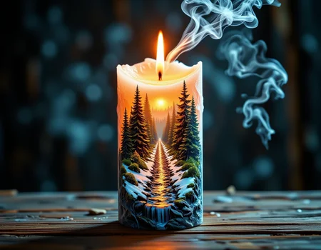 Mysticspatterns,
**Overall Impression**
The image presents a fantastical candle design, encapsulating a vivid scene of a snowy forest landscape being consumed by fire. The candle flame serves as the focal point, with the internal landscape providing a surreal and dramatic visual experience.
**Detailed Analysis**
*   **Composition:**
    *   The composition is vertically oriented, emphasizing the height of the candle and the internal landscape.
    *   The candle itself acts as a frame, containing the dynamic scene within.
    *   The flame is positioned near the top, drawing the eye upward and providing a natural focal point.
    *   The internal landscape is arranged to create depth, with elements receding into the background.
*   **Lighting:**
    *   The primary light source is the candle flame, casting a warm, orange glow.
    *   The fire within the landscape provides additional warm light, contrasting with the cool tones of the snow and ice.
    *   Subtle highlights and shadows are present on the snow-covered trees and rocks, adding dimension and realism.
    *   The smoke adds to the lighting effects, creating a soft, diffused glow around the flame.
*   **Colors:**
    *   The color palette is a mix of warm and cool tones.
    *   Warm colors (orange, yellow, red) are dominant in the flame and fire, creating a sense of heat and intensity.
    *   Cool colors (blue, white, gray) are used for the snow, ice, and smoke, providing contrast and a sense of coldness.
    *   The color gradient transitions from warm at the top to cool at the bottom, enhancing the depth and visual interest.
*   **Subjects:**
    *   The main subjects are the candle, the flame, the smoke, the snowy forest landscape, and the fire.
    *   The candle is depicted as a clear or translucent container, allowing the internal scene to be visible.
    *   The flame is rendered with realistic detail, showing the flickering and dynamic nature of fire.
    *   The smoke is wispy and ethereal, adding a sense of mystery and movement.
    *   The forest landscape includes snow-covered trees, rocks, and a stream or river, creating a detailed and immersive environment.
    *   The fire is depicted as consuming the landscape, with flames engulfing trees and creating a sense of destruction.
*   **Perspective:**
    *   The perspective is somewhat distorted, as the internal landscape is contained within the candle.
    *   A sense of depth is created through the arrangement of elements and the use of color and lighting.
    *   The perspective is slightly elevated, allowing the viewer to see more of the landscape.
*   **Overall Mood:**
    *   The overall mood is dramatic and surreal, combining elements of beauty and destruction.
    *   The warm light of the flame and fire contrasts with the coldness of the snow and ice, creating a sense of tension.
    *   The image evokes feelings of wonder, mystery, and perhaps a hint of melancholy.
**AI Recreation Notes**
To recreate this image using AI, consider the following:
*   Use a prompt that specifies a candle containing a snowy forest landscape being consumed by fire.
*   Specify the color palette, emphasizing the contrast between warm and cool tones.
*   Include details about the lighting.