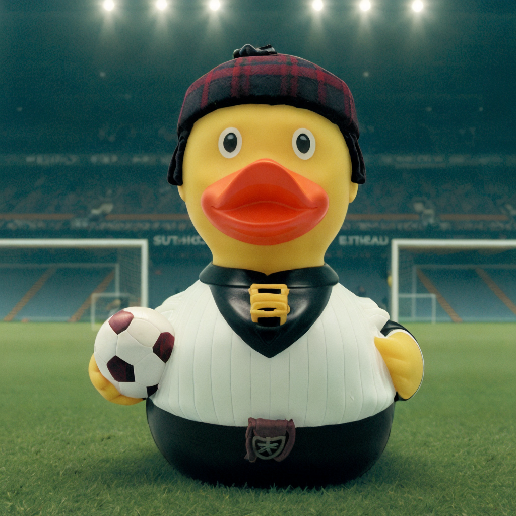 (rubberduck), scottish man wearing a kilt, soccer field, front, cinematic lighting <lora:rubberduck-000019:1>