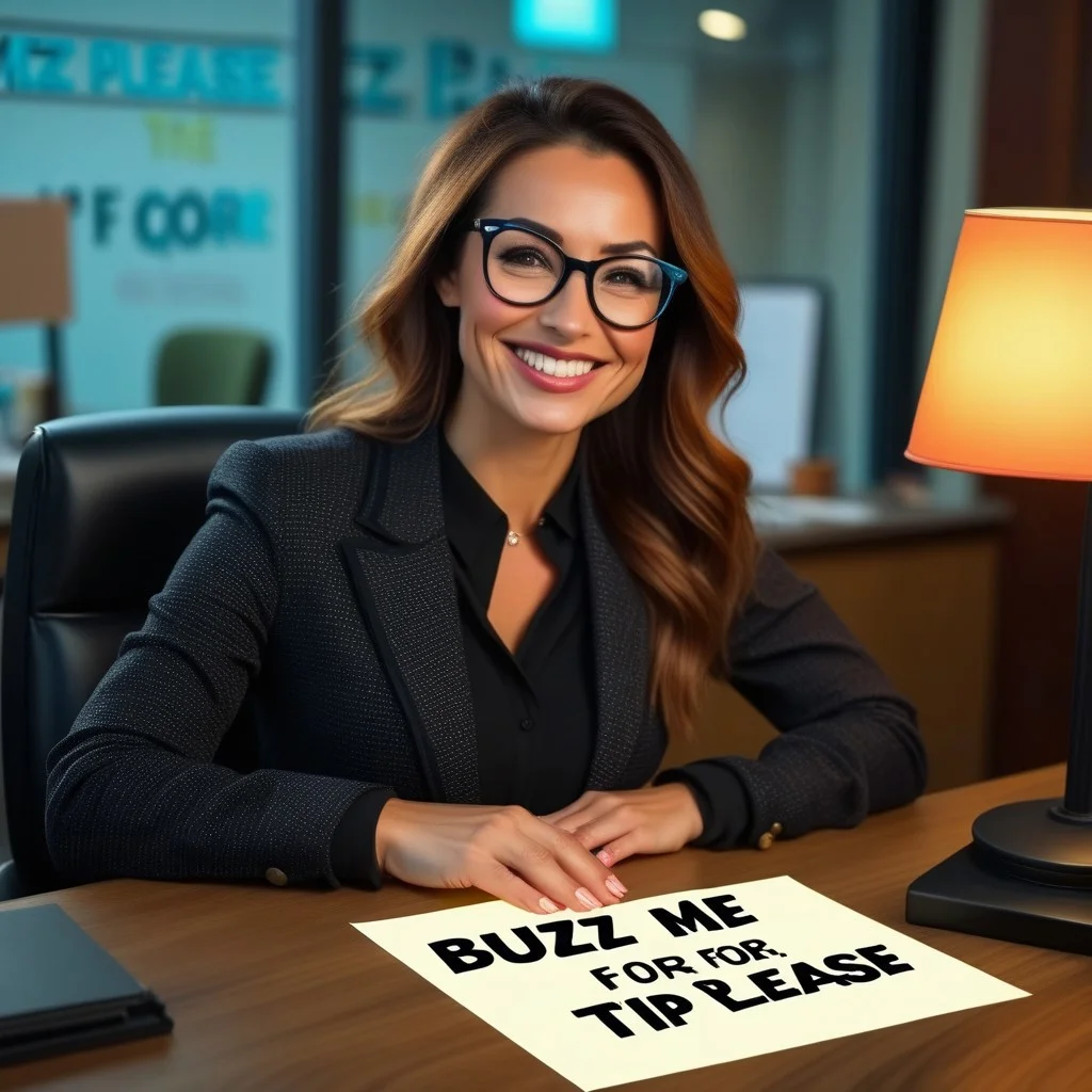 buzz, beautiful secretaty woman with glasses smiling with a sign with text "buzz me for tip please" <lora:buzz-text:.8>