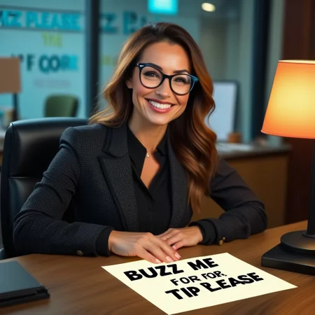 buzz, beautiful secretaty woman with glasses smiling with a sign with text "buzz me for tip please" <lora:buzz-text:.8>