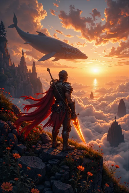 A hyper-realistic portrait, photorealistic photo close-up image of At the edge of a floating island bathed in the soft, golden glow of an endless sunset, a warrior with bronze skin and glowing, molten-red eyes stands atop a cliff, gazing out at the horizon where massive, sky-borne whales glide gracefully through the air. His armor, crafted from dark, shimmering scales, reflects the warm light of the setting sun, casting flickering shadows on the grass beneath his feet. The island is covered in ancient, rune-carved stones, their surfaces glowing faintly with the energy of the earth, while delicate, translucent flowers bloom in abundance, their petals shimmering like glass in the soft breeze. The warriorâs hand grips the hilt of a massive, glowing sword strapped to his back, its blade humming with untapped power, as though waiting for the moment to be unleashed. Above him, the sky is a breathtaking array of oranges, purples, and golds, with clouds that swirl in intricate patterns, illuminated by the eternal dusk. The air is warm and carries the scent of wildflowers and distant rain, a perfect contrast to the silent power radiating from the warrior. In the distance, other floating islands drift lazily through the sky, their surfaces dotted with forgotten ruins and towering trees that reach up toward the heavens. The scene is one of quiet anticipation, where beauty and power converge in a moment suspended in time. (photography, high-resolution, dynamic, energetic,hyper-realistic, dramatic lighting, shallow depth of field.), detailmaximizer, MythP0rt<lora:midjourney_whisper_flux_lora_v01:0.55><lora:aidmaMJ6.1-FLUX-V0.1:0.4><lora:FluxMythP0rtr4itStyle:0.4><lora:detailed_flux_ntc:2.2><lora:aidmaImageUpgrader-FLUX-V0.1:0.65>