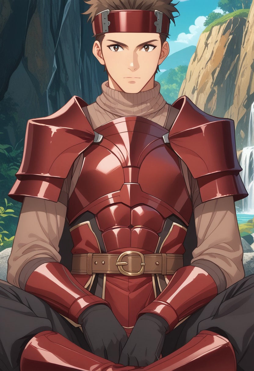 score_9, score_8_up, score_7_up, source_anime, rating_safe, rocks, Chromofuri, 1boy, male focus, anime screencap, 1st design, red headwear, light brown turtleneck, red breastplate, red pauldrons, red gauntlets, dark grey gloves, red waist armor, brown belts, dark grey pants, red boots, sitting