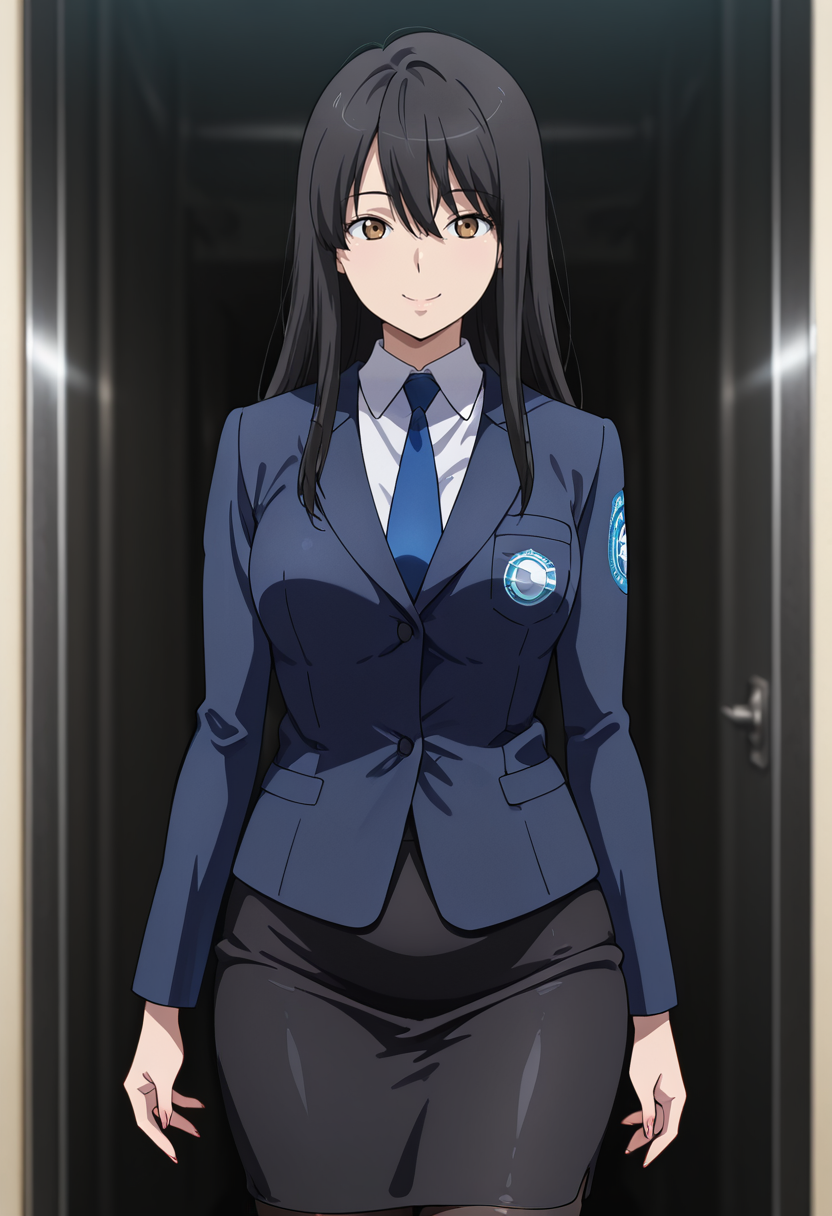 masterpiece, best quality, amazing quality, very aesthetic, absurdres, newest, illustration, perfect composition, intricate details, highres, anime coloring, 1girl, solo, (cowboy shot:1.2), yukiww, mature female, brown eyes, black hair, long hair, bangs, hair between eyes, uniform, blue necktie, blue suit jacket, white collared shirt, breast pocket, long sleeves, black pencil skirt, black pantyhose, looking at viewer, smile, shiny body, shiny skin, skindentation, clear skin, shiny hair, ultra detailed eyes, depth of field, sharp, intricate details, hyperdetailed, ultra-detailed, detailed clothing folds, high contrast, dynamic light <lora:Kaizuka_Yuki_Aldnoah_Zero_ill_v1.1:1>