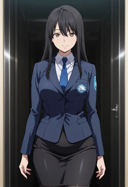masterpiece, best quality, amazing quality, very aesthetic, absurdres, newest, illustration, perfect composition, intricate details, highres, anime coloring, 1girl, solo, (cowboy shot:1.2), yukiww, mature female, brown eyes, black hair, long hair, bangs, hair between eyes, uniform, blue necktie, blue suit jacket, white collared shirt, breast pocket, long sleeves, black pencil skirt, black pantyhose, looking at viewer, smile, shiny body, shiny skin, skindentation, clear skin, shiny hair, ultra detailed eyes, depth of field, sharp, intricate details, hyperdetailed, ultra-detailed, detailed clothing folds, high contrast, dynamic light <lora:Kaizuka_Yuki_Aldnoah_Zero_ill_v1.1:1>