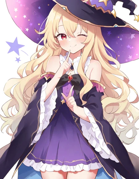 <lora:ririka:1>,1girl,solo,hat,one eye closed,red eyes,long hair,witch hat,blonde hair,star \(symbol\),smile,looking at viewer,dress,index finger raised,bare shoulders,wide sleeves,black headwear,blush,closed mouth,long sleeves,frills,purple dress,finger to mouth,hair between eyes,simple background,detached sleeves,;\),wavy hair,witch,white background,cowboy shot,black dress,very long hair,, masterpiece, best quality, very aesthetic, absurdres,newest, incredibly absurdres,