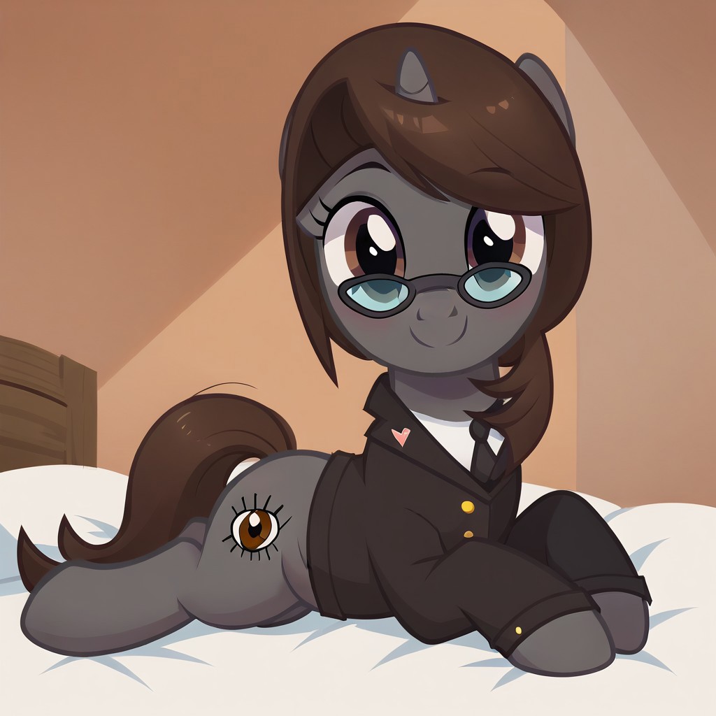 masterpiece, perfect detail, best high quality, source_pony, show accurate, cute, 1girl, solo, female, oc:sonata, glasses, attorney suit, badge on collar, pony, full body, butt, tail, laying on stomach, laying on bed, bed, bedroom, smile, closed mouth, beautiful, looking at viewer, score_9, score_8_up, score_7_up, score_6_up, score_5_up, score_4_up