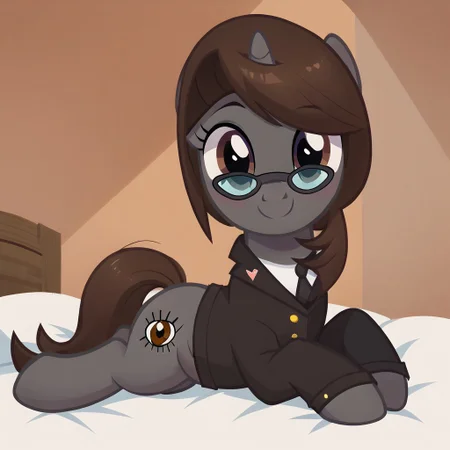 masterpiece, perfect detail, best high quality, source_pony, show accurate, cute, 1girl, solo, female, oc:sonata, glasses, attorney suit, badge on collar, pony, full body, butt, tail, laying on stomach, laying on bed, bed, bedroom, smile, closed mouth, beautiful, looking at viewer, score_9, score_8_up, score_7_up, score_6_up, score_5_up, score_4_up
