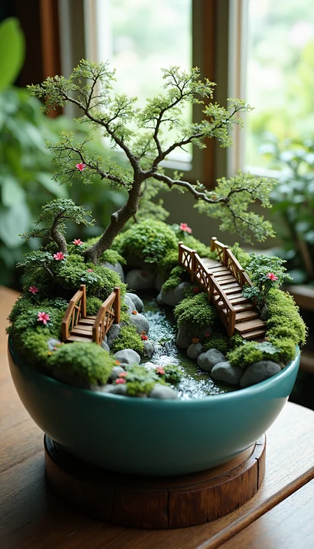 This is a professional photograph of a meticulously crafted miniature garden scene inside a large, round, teal ceramic bowl. The bowl is placed on a rustic wooden stand, which adds a natural, earthy texture. The garden features lush, green plants and small trees with delicate, leafy branches that create a serene, natural landscape. Two small, intricately designed wooden bridges span a narrow, winding stream that runs through the center of the bowl, adding a touch of whimsy and depth. The stream's water is a clear, blue-green, and its surface is gently rippling, indicating a small, continuous flow.
Surrounding the stream are smooth, gray rocks, some with moss, and tiny, pink flowers adding vibrant color and texture. The background of the bowl includes a mix of larger rocks and more plants, enhancing the depth and realism of the miniature environment. The setting is illuminated by soft, natural light, likely from a nearby window, which creates a warm, inviting atmosphere. The overall style is a blend of realism and fantasy, with a focus on detail and natural elements, making the scene both captivating and tranquil.