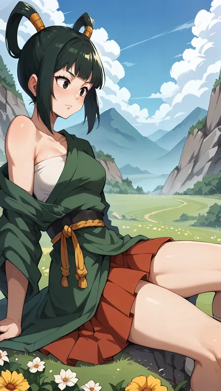score_9,score_8_up,score_7_up,score_6_up, source_anime, zPDXL, girl, dark green hair, hair rings, sidelocks, black eyes, green kimono, (sarashi), one bare shoulder, red skirt, thighhighs, <lora:Wakfu_CartoonV02:0.5>, <lora:xl_more_art-full_v1:0.5>, <lora:Yurin - Pony-000004:0.8> , lying face down, head toward the camera, mountains in background, rocky mountains, outdoors, nature, blue sky, white clouds, open fields, flower field, pedals, wind,