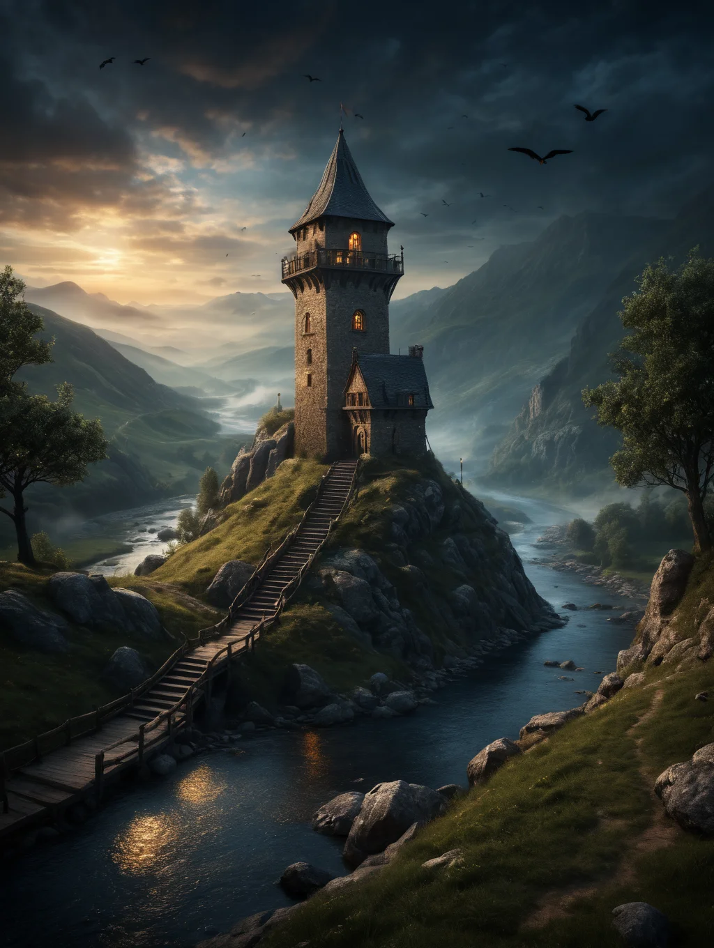 ethereal fantasy concept art of  ,  medieval lighted lookout tower in fantasy style on a hill next to a small river, dark clouds, dense fog, evening atmosphere, ((small ballisade around the tower)), guards with torches, ((flying ravens)), 
 <lora:add-detail-xl:1.4>, Ultra-HD-details, true to life, HDR image, High detail resolution, high detailed cloth, cinematic lighting, realistic, sharp focus, (very detailed), ((4K HQ)), depth of field, f/1.2, Leica, 8K HDR, High contrast, bokeh, realistic shadows, vignette, epic,, symmetric eyes, same color eyes . magnificent, celestial, ethereal, painterly, epic, majestic, magical, fantasy art, cover art, dreamy