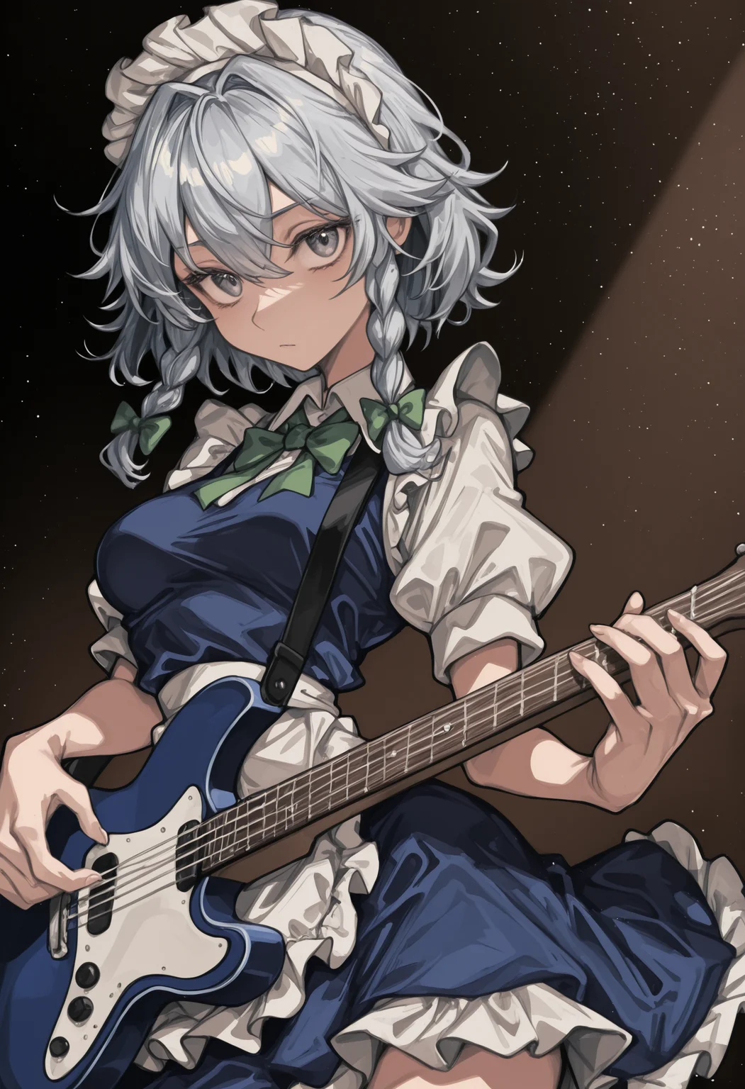 narrow waist, izayoi sakuya, 1girl, solo, breasts, looking at viewer, short hair, shirt, dress, holding, bow, hair between eyes, closed mouth, medium breasts, white shirt, grey hair, braid, short sleeves, hair bow, cowboy shot, frills, collared shirt, puffy sleeves, bowtie, apron, twin braids, puffy short sleeves, fingernails, grey eyes, maid, maid headdress, blue dress, frilled dress, white apron, instrument, waist apron, maid apron, green bow, frilled apron, music, guitar, holding instrument, playing instrument, green bowtie,masterpiece,best quality,newest,absurdres,highres,very awa, <lora:None:1.0> <lora:Eipelppa_Style_epoch_8:0.9500000000000002>