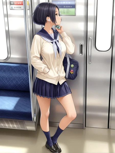 masterpiece,best quality,newest,1girl,solo,
<lora:kobayakawa_rinko_ilxl_v1:1>,k_rinko,black hair,r_c_clothes,milky white cardigan,neckerchief,pleated skirt,blue socks,loafers,bag,earphones,digital media player,
<lora:Fixhands_anime_bdsqlsz_V1:1>,simple background,white background,looking ahead,big breasts,full body,standing,train interior,profile,front view,leaning_to_the_side,