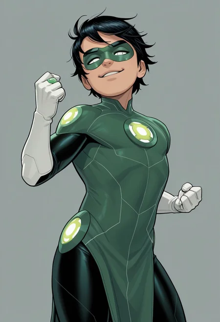 masterpiece, absurdres, high quality, perfect anatomy, 1boy, solo, cute boy, male focus, TaiPham, Black Hair, Green Lantern Ring, Green Lantern Costume, Green and Black Bodysuit, Green Domino Mask, White Eyes, White Gloves, Pelvic Curtain, shortstack, upper body, mecha musume, dynamic, dynamic angle, ((solo)), mecha armor, looking at viewer, smug face, parted lips, dynamic pose, fighting stance, cinematic, intricately detailed illustration, depth of field, masterpiece, best quality, amazing quality, very aesthetic, absurdres, newest, very awa,  shadow, dynamic angle, casual cosplay, simple background,