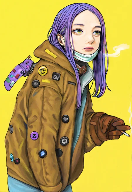 sticker, badge, looking afar, 1girl, solo, mask, purple hair, cigarette, gloves, surgical mask, mouth mask, yellow background, simple background, hood, jacket, brown gloves, holding cigarette, hood down, holding, leaning forward,
masterpiece, best quality, amazing quality, absurdres, newest, colored pencil \(medium\),
<lora:warashiz:1>,
<lora:lora:0.5>