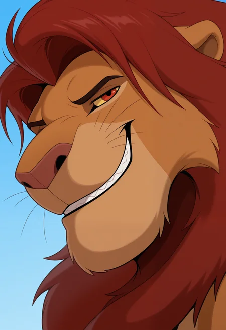 masterpiece,best quality,amazing quality, 1boy, solo,
s1mb4, anthro lion, bara, colored sclera, brown fur, red eyes, red mane, close up, side angle, smirk,