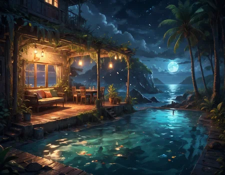 <lora:Dreamyvibes - Alt-Version - Trigger is Dreamyvibes Artstyle:1>, dreamyvibes artstyle "A life within a life, a world within a world. Only love is real, but Dreams are the new reality, bloddy love from the heart lost at sea" ambient, cinematographic, night. unreal. surreal. shadows., unique situation ( A tropical environment with a party atmosphere and a lot of wealth). Highly detailed photography. Volumetric lighting.
