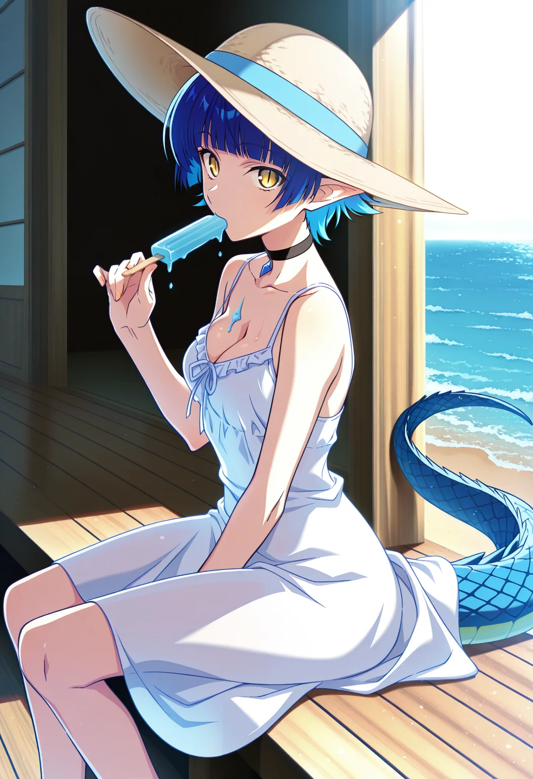 1girl, pointed ears, yellow eyes, slit pupils, blue hair, blind bangs, short hair, hime cut, lizard tail, blue tail, medium breasts, skinny,
looking at viewer, side view, melting, holding icecream, popsicle, porch, food, sitting, choker,
sun hat, dress, cleavage, white dress,
wooden floor, outside, beach, ocean,
 <lora:TakapikoIL-style:1>, takapiko,masterpiece,best quality,amazing quality,