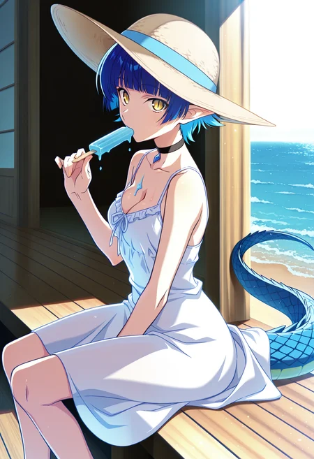 1girl, pointed ears, yellow eyes, slit pupils, blue hair, blind bangs, short hair, hime cut, lizard tail, blue tail, medium breasts, skinny,
looking at viewer, side view, melting, holding icecream, popsicle, porch, food, sitting, choker,
sun hat, dress, cleavage, white dress,
wooden floor, outside, beach, ocean,
<lora:TakapikoIL-style:1>, takapiko,masterpiece,best quality,amazing quality,