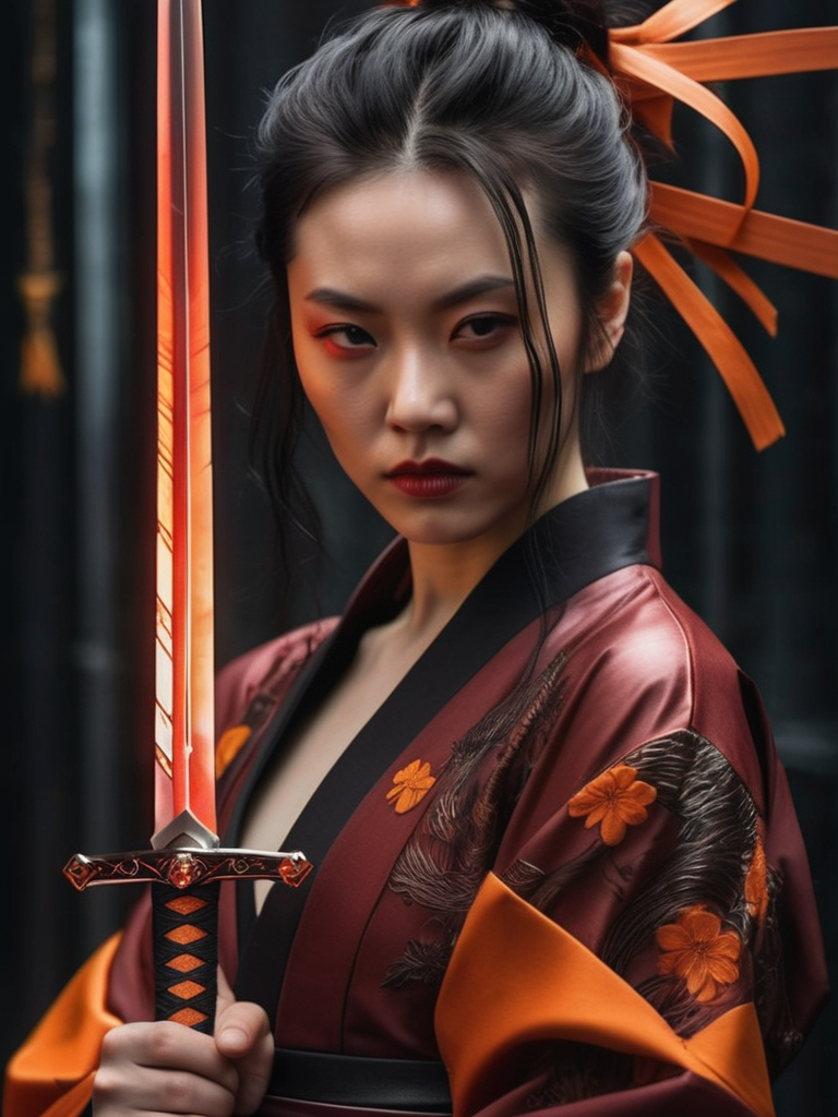 the swords of the crystal, in the style of neo-traditional japanese, close-up intensity, urban and edgy, xiaofei yue, dark crimson and orange, full body,