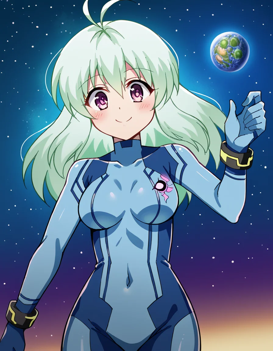 score_9, score_8_up, score_7_up, source_anime, <lora:run-elsie-jewelria-darkness-ponyxl-lora-nochekaiser:1>, run elsie jewelria, long hair, purple eyes, green hair, antenna hair, ahoge, hair between eyes, medium breasts, <lora:samus-aran-cosplay-ponyxl-lora-nochekaiser:1>, samusarancosplay, samus aran (cosplay), blue bodysuit, bodysuit, covered navel, skin tight, zero suit,, space, planet, earth (planet), star (sky), galaxy, nebula, moon, blush, smile, , dutch angle, cowboy shot