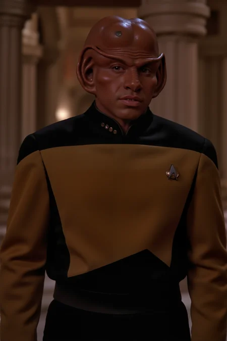 A ferengi man stands in the ancient temple wearing yellow TNG uniform wiuth black shoulders (photography, high-resolution, dynamic, energetic,hyper-realistic, dramatic lighting, shallow depth of field.), detailmaximizer, MythP0rt<lora:midjourney_whisper_flux_lora_v01:0.55><lora:aidmaMJ6.1-FLUX-V0.1:0.4><lora:FluxMythP0rtr4itStyle:0.4><lora:detailed_flux_ntc:2.2><lora:aidmaImageUpgrader-FLUX-V0.1:0.65><lora:TNG_FLUX:1.1><lora:ferengiV1_FLUX>