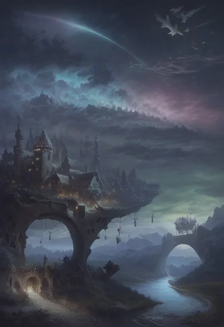 dramatic, fantasy, mysterious, magic, landscape, ramshackle, Scottish, cottage, dappled, clouds, village, steampunk, peasant, robots, crowd, farm, lake, rocks, river, bridges, waterfalls, boat, cliff, road, valley, ironwork, flowers, trees, fields, fences, snowy, mountains, aurora, futuristic, overgrown, skyscrapers, ruins, market, water, mill, castle, houses, walls, birds, sky, starry, crescent, meteor, godrays, light particles, seasons, steam, smoke, science fiction, post-apocalypse, happy, sunny, pastoral, colorful, lighting, cheeseburger, concept art, realistic, Expressiveh
