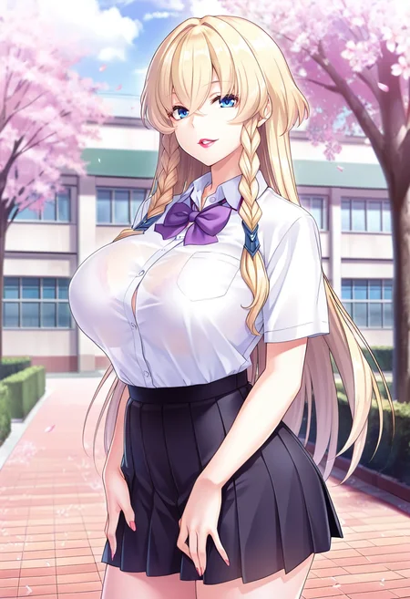 masterpiece, best quality, amazing quality,sheila, blue eyes, blonde hair, twin braids, mature female, 1girl, breasts, solo, long hair,large breasts,lipstick,school uniform,pleated skirt,white shirt, black skirt, purple bow,short sleeves, parted lips, light smile, standing, looking at viewer, cowboy shot, blurry background, outdoors, school, cherry blossoms <lora:sheilaV1:0.9>