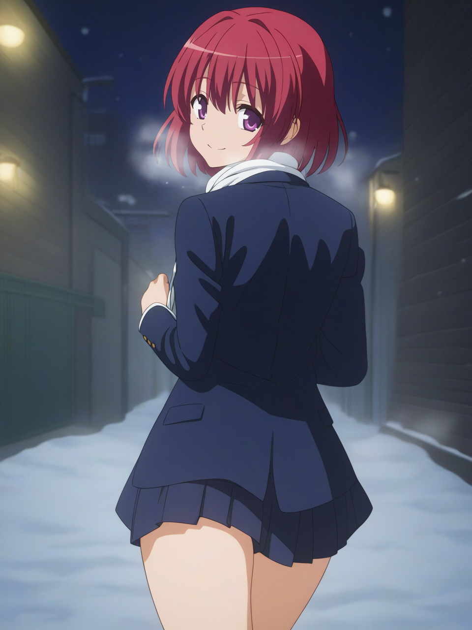 best quality,masterpiece,highres,absurdres,1girl,solo,newest,rating: general, looking at viewer ,    <lora:Kushieda_Minori_XL-step00001000:0.75> ,(kushieda_minori, short hair, red hair, purple eyes), school uniform, oohashi high school uniform, jacket, blazer, shirt,smile,from behind, standing on one leg,BREAK, looking at viewer,looking back,(night),street,muffler,snow, heavy_breathing,