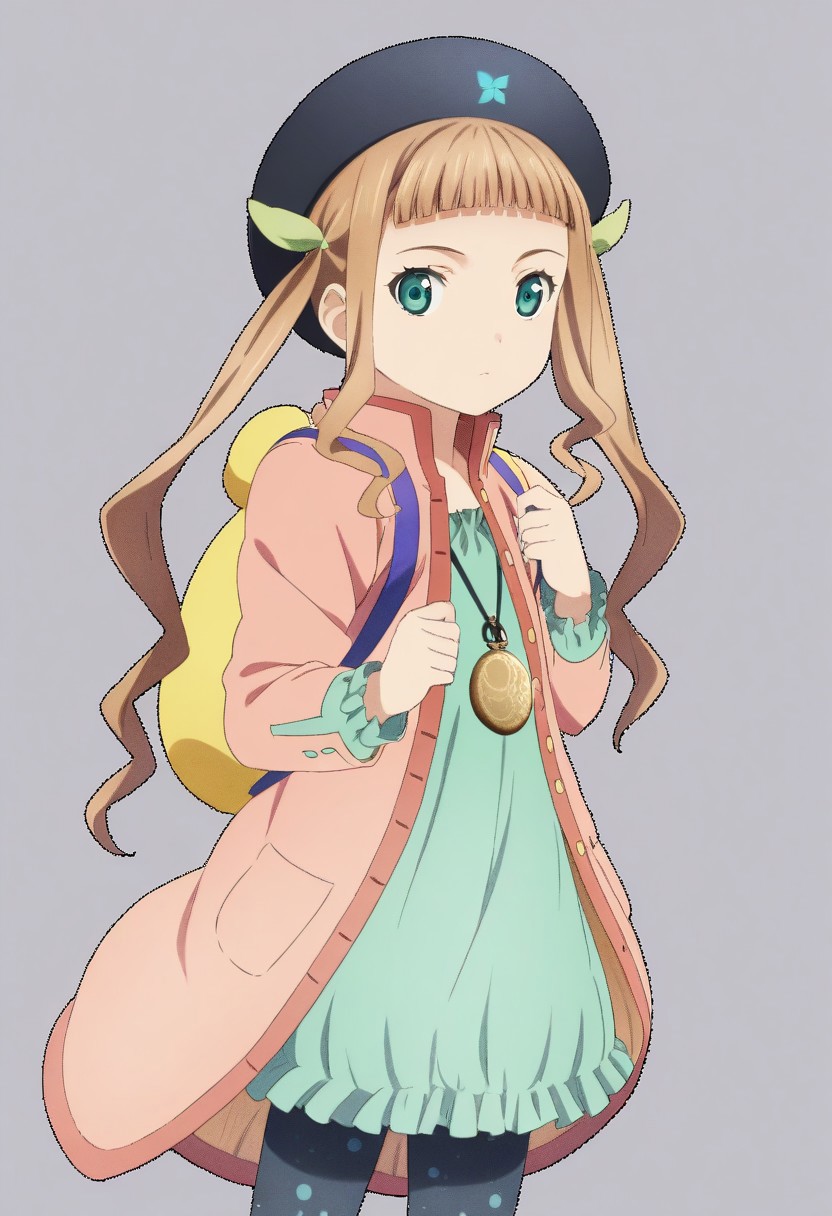 1girl, solo,elle mel marta, twintails, green eyes, light brown hair, long hair, blunt bangs, purple straps, backpack, black hat, [[black lanyard]], pocketwatch,green hairtie, pink coat, green dress, dark blue [[spotted]] leggings, green shoes, standing,
