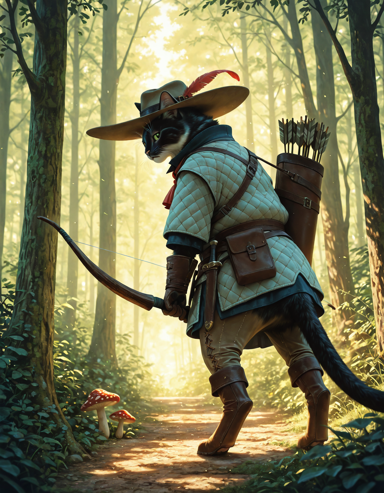 embedding:IllusP0s
,anthropomorphic cat archer, cat head, black fur,holding huge bow \(weapon\), quiver with arrows, gambeson, hat feather, calm, looking back, leather boots, stitched pants,standing,ascot
,sunny, godrays, sunshine, forest background
,from behind, wide shot, depth of field, realism, no humans, animal focus, magical forest, mushrooms