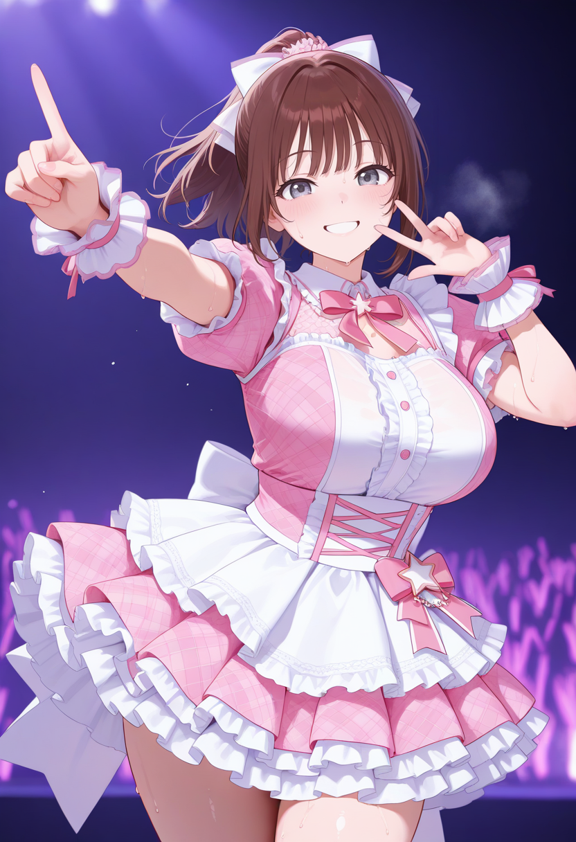 masterpiece,best quality,amazing quality, very aesthetic, ((outlined outlined vector graphics)), cute face, (glow eyes:0.5) ,  looking at viewer, cowboy shot,
1girl,20yo, brown hair, gray eyes, (large breast:1), (ponytail:1.1), medium hair,(curvy:1.1),bangs,
pink  clothes, (focus female), smile,action pose  , (clothed:1.1),
idol, idol outfit, japanese-idol-outfit, clothed, frilled dress,, idol stage, , open eyes , sweat,
,  <lora:idol-outfit-il-20:1.0>